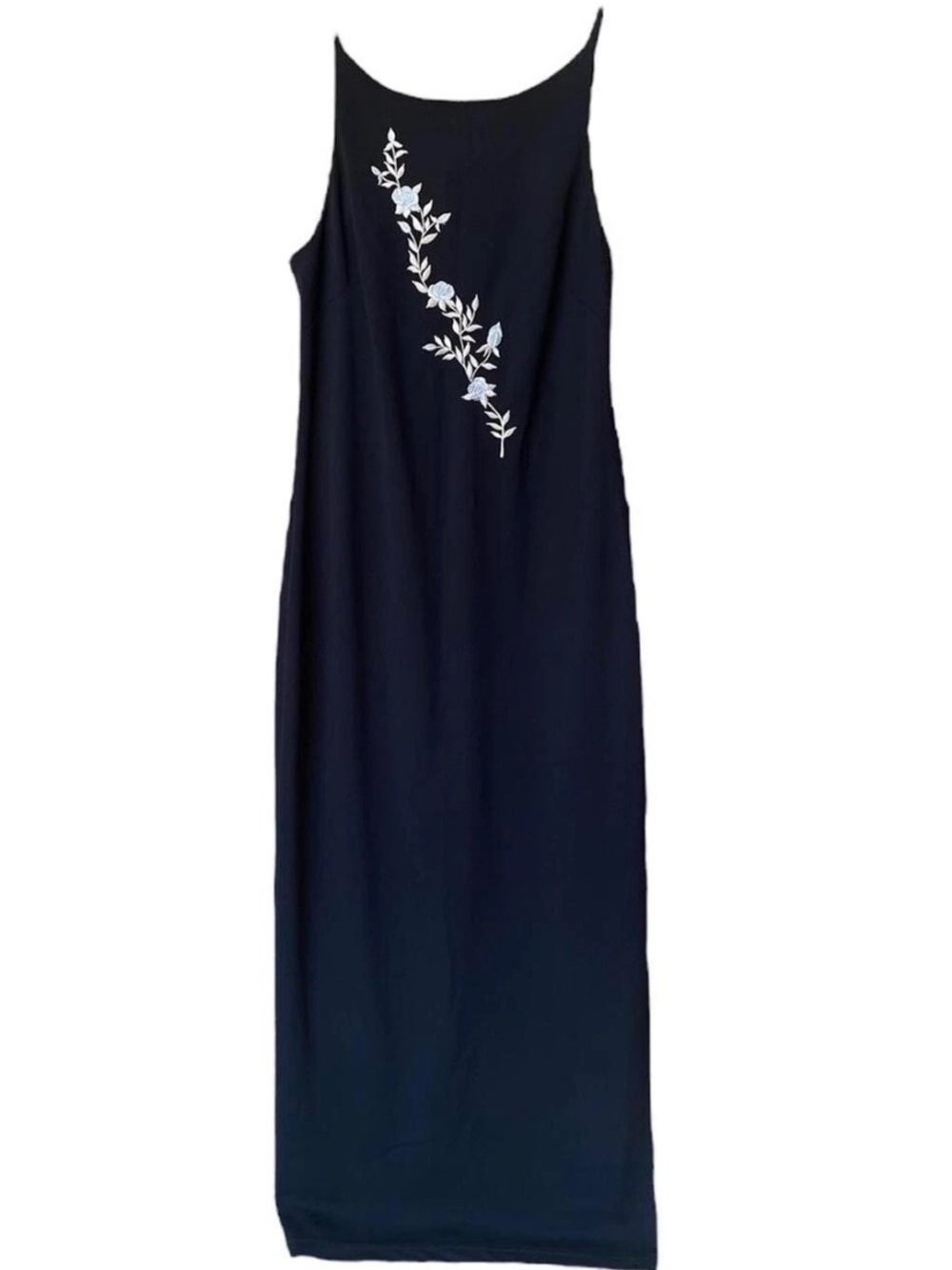 Vintage 1990s City Triangles Black Maxi Slip Dress with White Floral Embroidery
